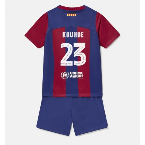 Otroški Nogometni dresi Barcelona Jules Kounde #23 Domači 2023-24 Kratek Rokav (+ Kratke hlače)